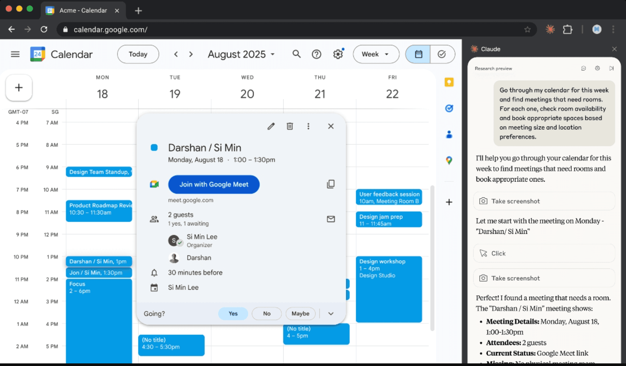 Claude Chrome extension reviewing a Google Calendar week