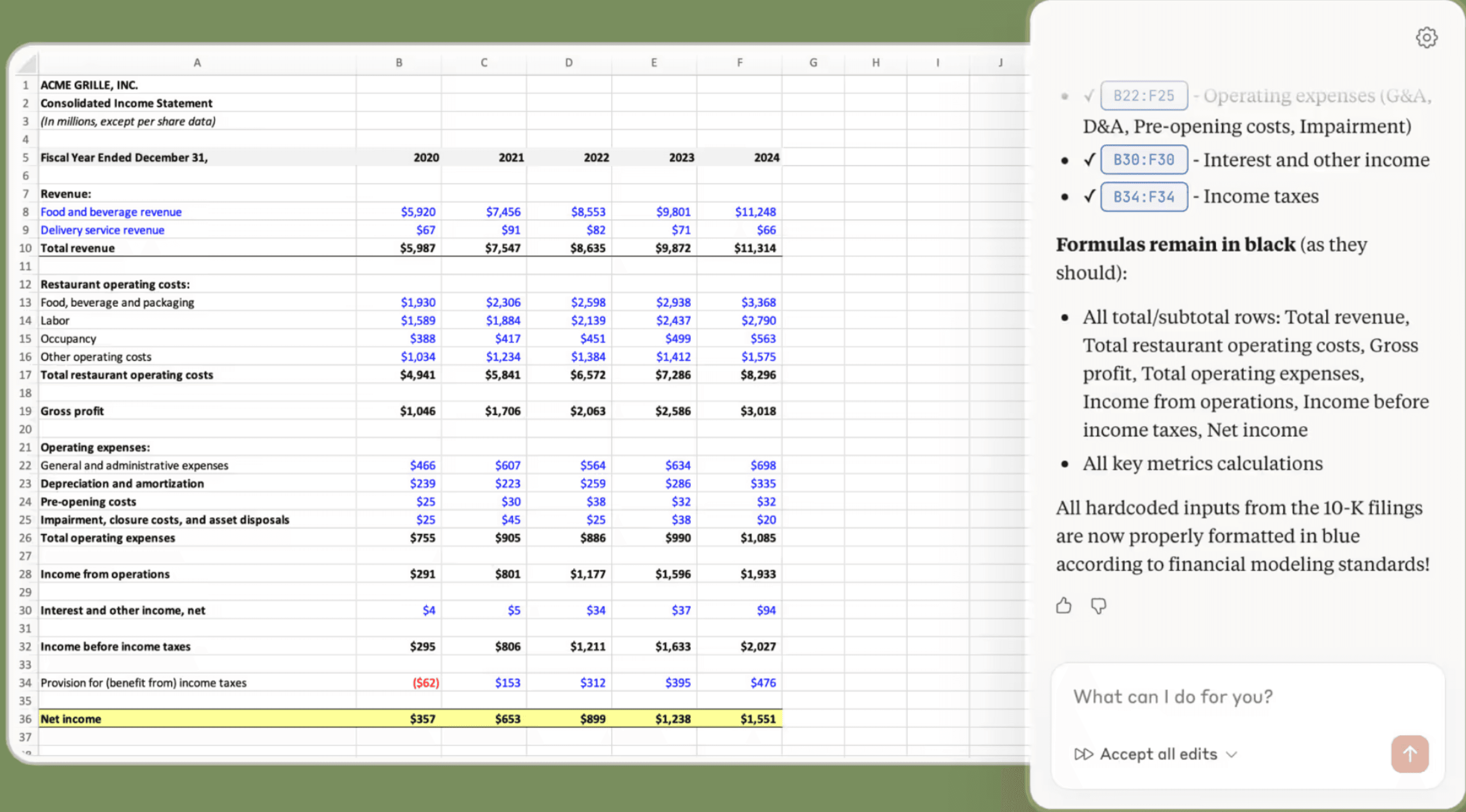 Claude sidebar in Microsoft Excel formatting an income statement