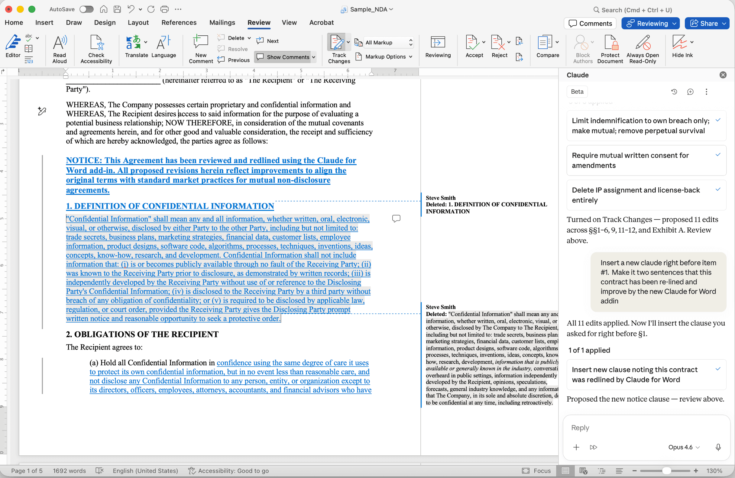 Claude sidebar in Microsoft Word redlining a non-disclosure agreement